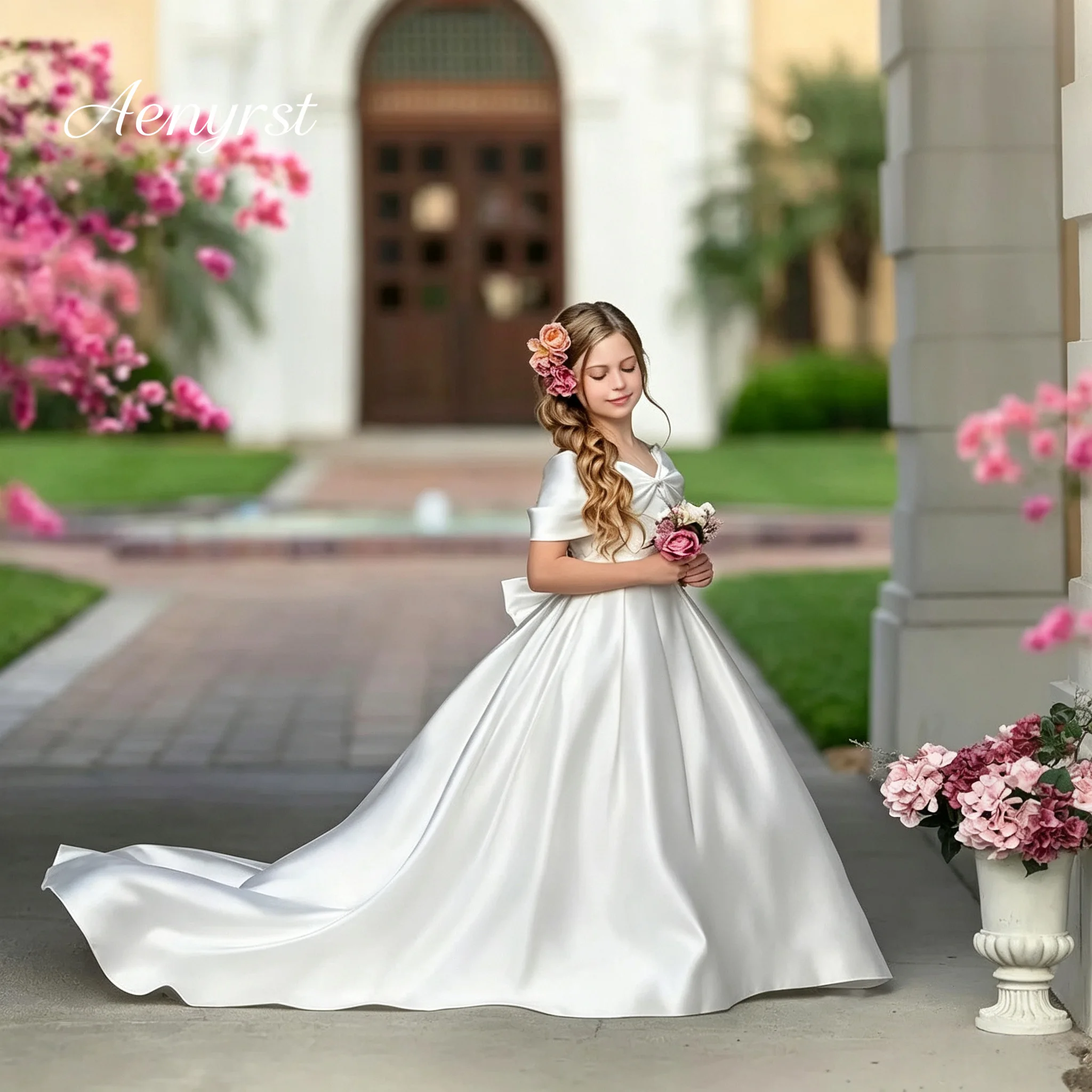 Popular Kids Ivory Square Neck Satin Flower Girl Gown Luxury Cap Sleeve Pleated Ball Gown Floor Length Birthday Party Dress