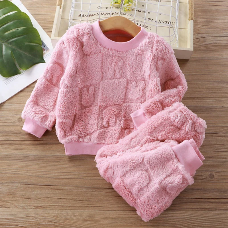 2Pcs Autumn Winter Children Pajamas Sets Boys Girls Warm Plush Long Sleeve Thickened Tops+Pants Kids Home Clothing Suits