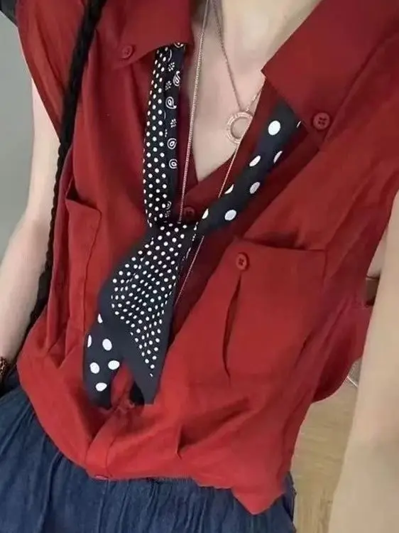 

Korean Style Summer 2025 Women's Loose Fit Sleeveless Neck Shirt with Silk Scarf Fashionable Versatile Slimming Top