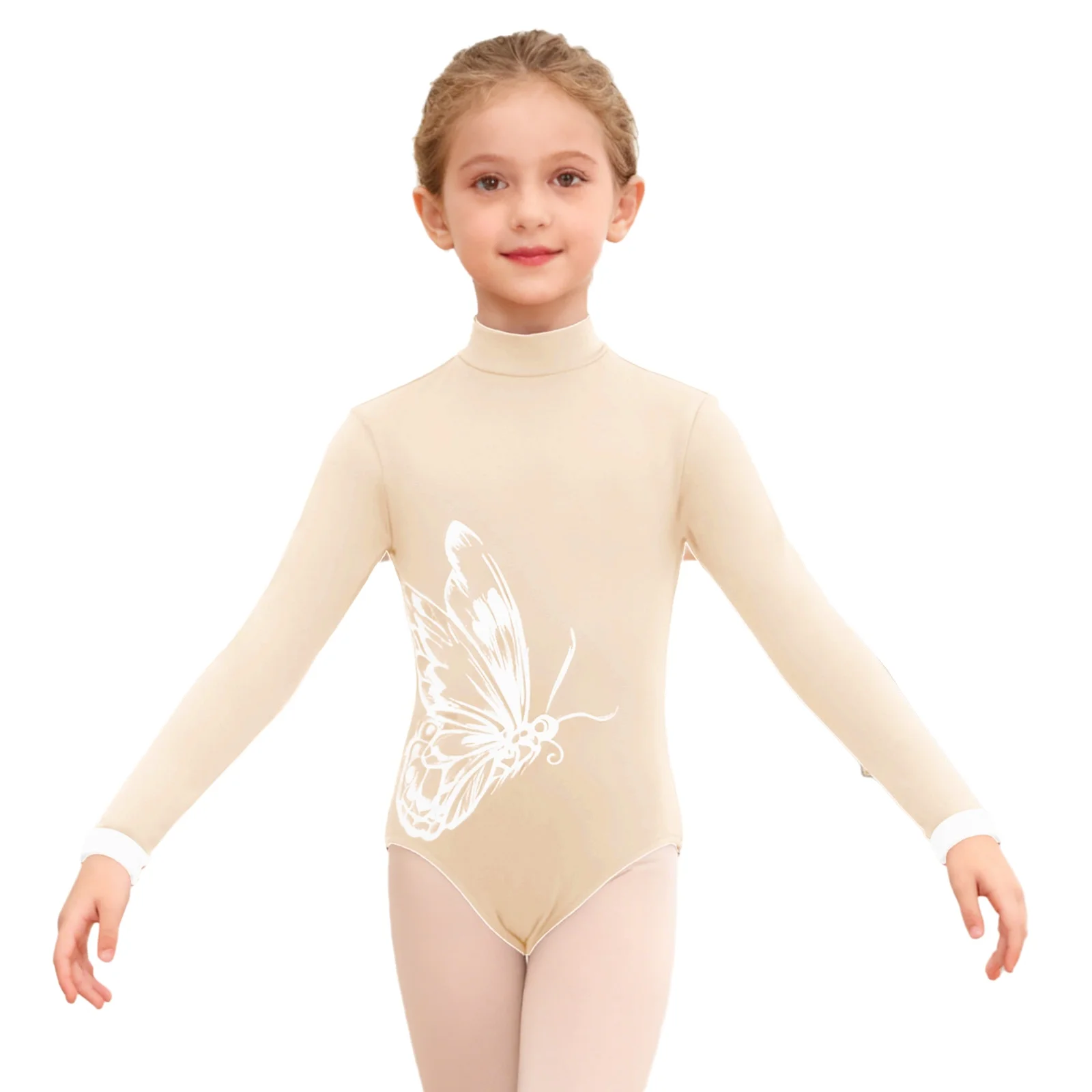 

Kids Girls Fleece Lined Gymnastics Ballet Dance Leotard Winter Long Sleeve Butterfly Pattern Bodysuit Training Practic Costume