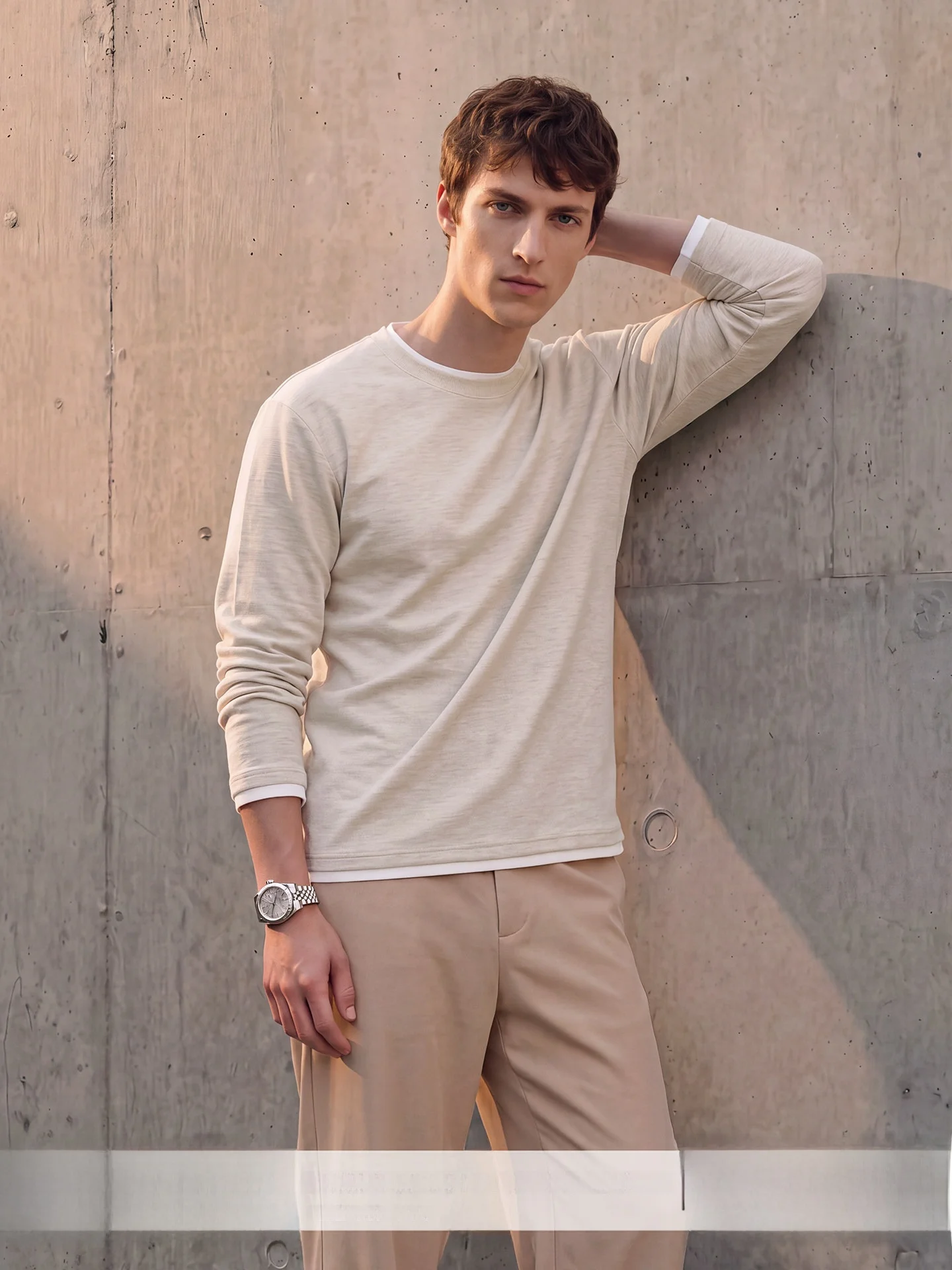 UADER Men's Long Sleeve T-Shirt Casual Silk Inner Wear Contrast Color Sweatshirt Fashionable Urban Style Breathable Polyester