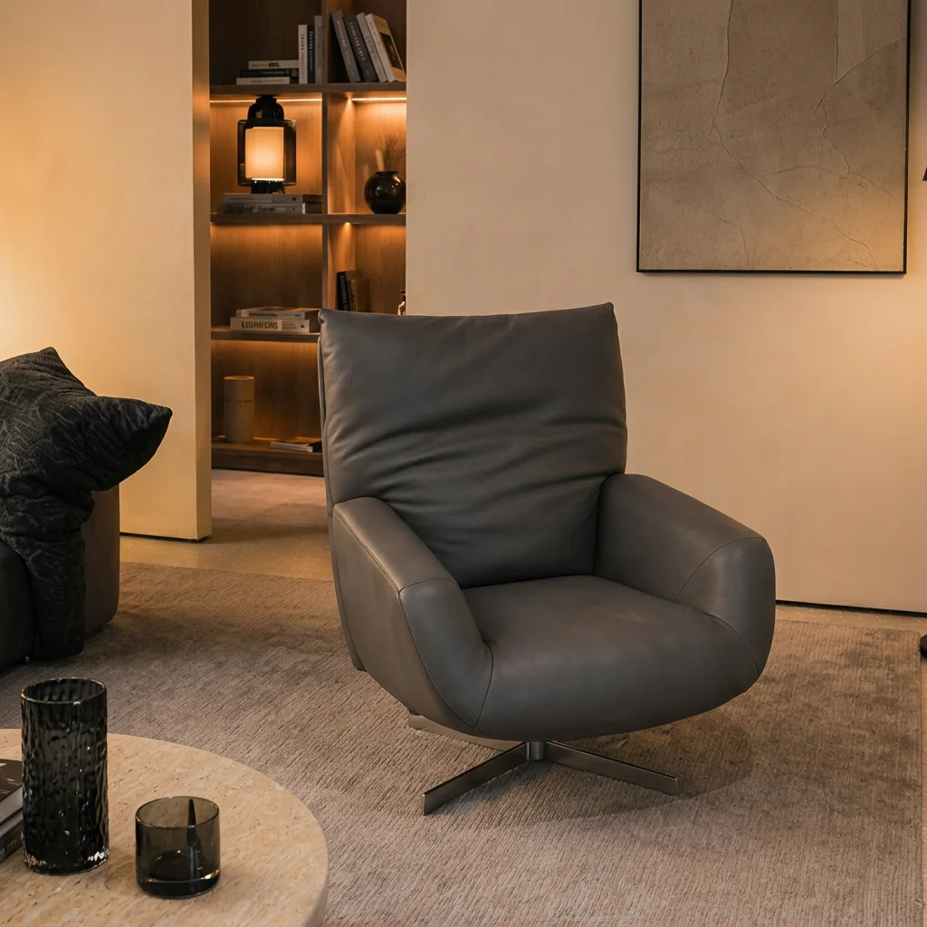 

#Modern Living Room High Backrest Rotating Leisure Chair Real Leather Lounge Chair