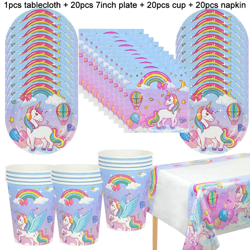 61 Teile/satz Regenbogen Einhorn Einweg Geschirr Papier Platte Tasse Tischdecke Mädchen Einhorn Thema Geburtstag Party Dekoration Lieferungen