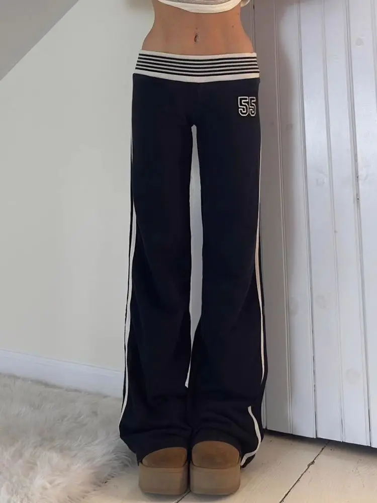 

HOUZHOU Black Stripe Patchwork Number Print Women Sweatpants Y2k Low Waist Korean Fashion Straight Pants Slim Basic Casual