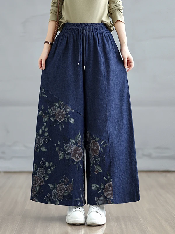 الرجعية الأزهار طباعة فضفاضة المرأة الجينز عالية الخصر مستقيم الساق عارضة السراويل تنوعا ربيع الخريف القطن البوليستر مزيج #1