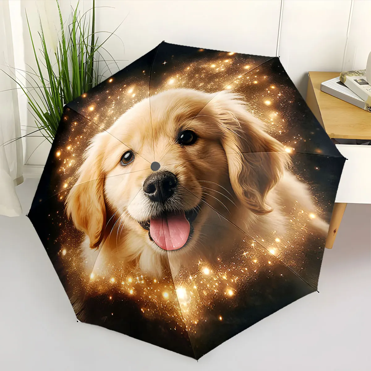 1PC Golden Retriever on Sparkling Umbrella Print 8 Iron Ribs Folding Umbrella Auto-Open Fashion Sunshade
