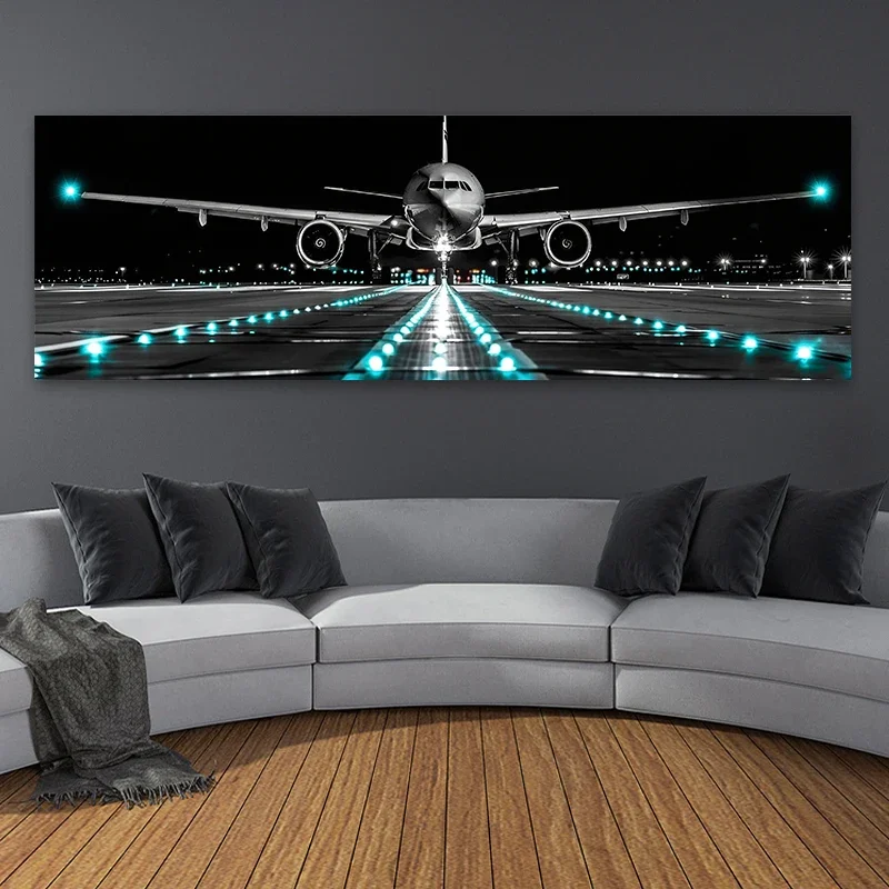 Large Aircraft Plane Landing Canvas Print Plane Panoramic Airport Canvas Painting Poster Print Home Room Wall Art Frameless