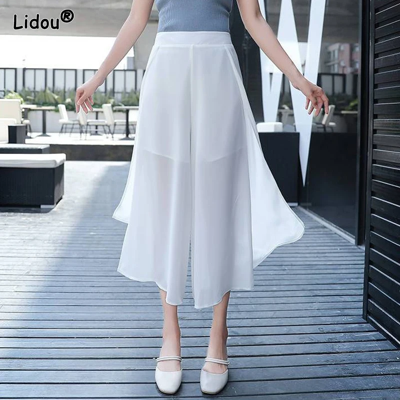 

Calf-length Pants Loose Chiffon Elastic Waist Simplicity Patchwork Creative Fashion Casual Wide Leg Women's Clothing Summer Thin