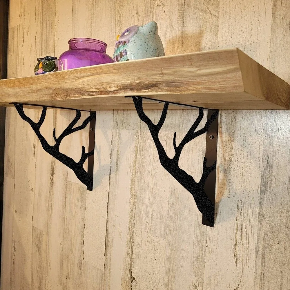2Pcs Tree Shaped Metal Shelf Brackets Cast Iron Thickened Wall Mounted Brackets Heavy-Duty Triangular Decorative Shelf Bracket