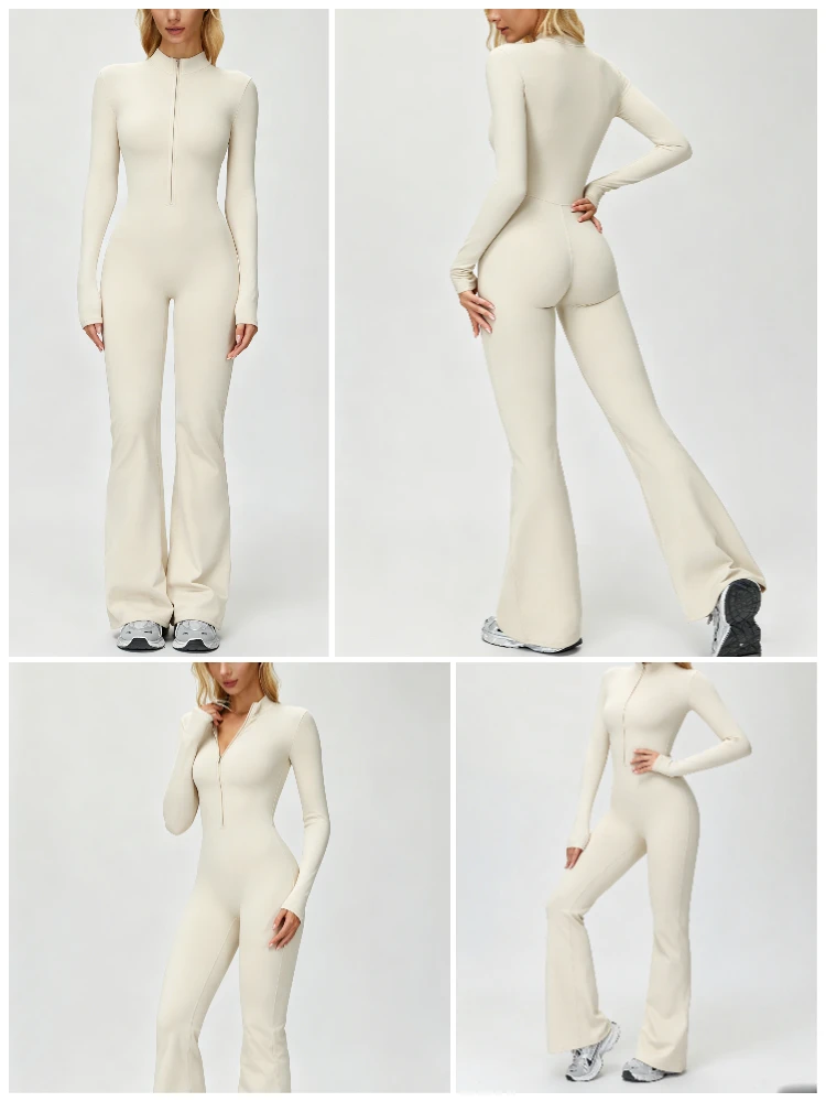 VITALINOVO Damen-Overall mit langen Ärmeln, Flare-Workout-Overall, Reißverschluss, Strampler, Hose, weites Bein, Ganzkörper-Body, figurbetont, einteilig – Detail 5