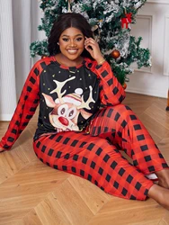 Large size women's pajamas Christmas elk print pullover long sleeved red plaid pants two-piece set for home wear