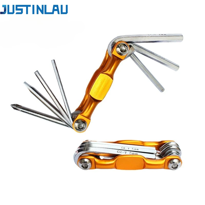 JUSTINLAU Fahrrad-Reparaturwerkzeug Speichen-Sechskant-Schraubenschlüssel Schraubendreher Tragbares 7-in-1 Mountainbike-Reparatur-Multitool-Set