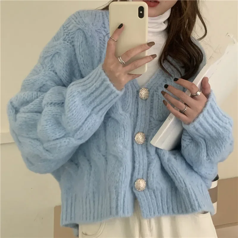 

Sweet Elegant Women Sweater Pink V-Neck Solid Thick 2024 Autumn Winter Preppy Style Sweaters Loose Knitted Cute Cardigan Tops