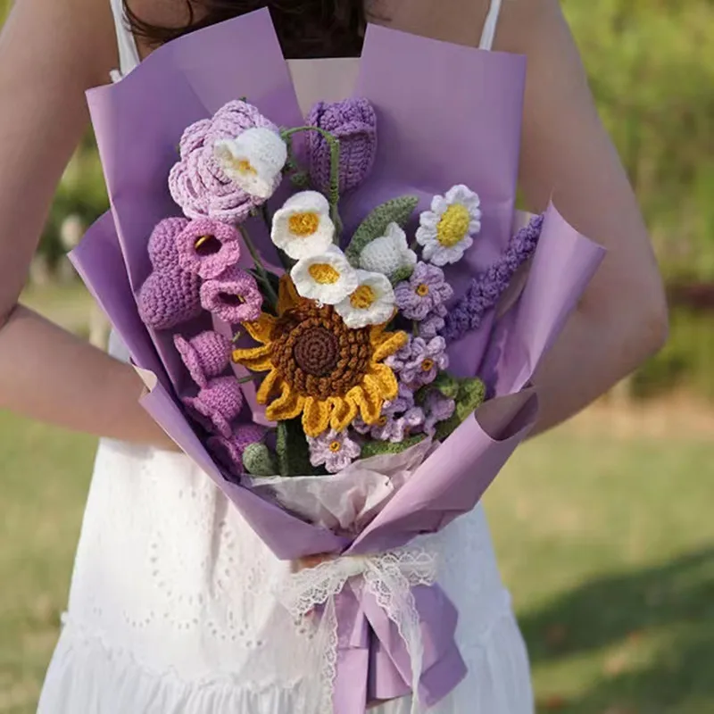 Handmade Sunflower Rose Lavender Bouquet Cotton Thread Crochet Making Eternal Flower Bouquet Gift for Girlfriend Home Decor