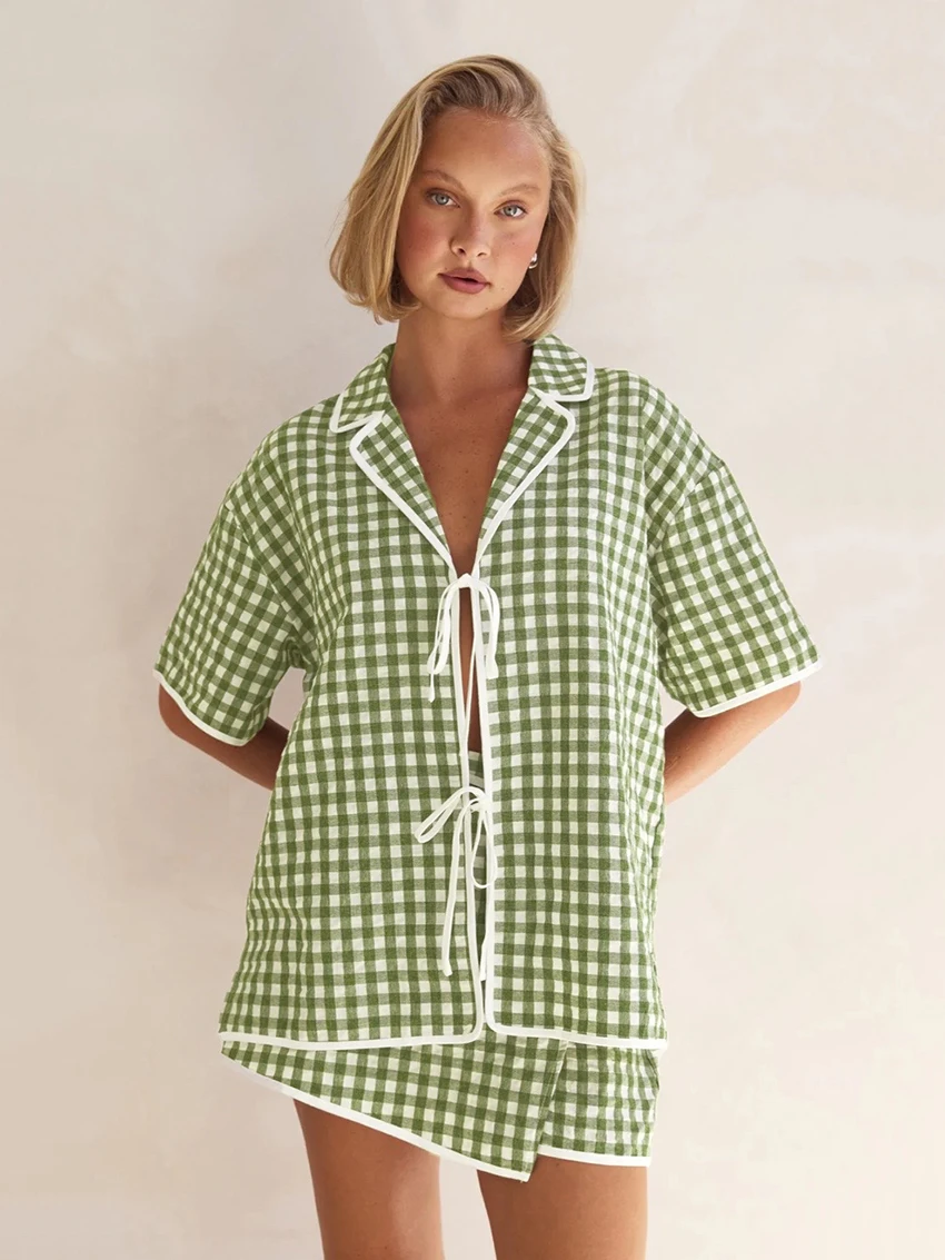 Marthaqiqi Plaid Female Nightgowns Suit Half Sleeve Nightwear Lace Up Pajamas Turn-Down Collar Nightie Skirt Casual Home Clothes