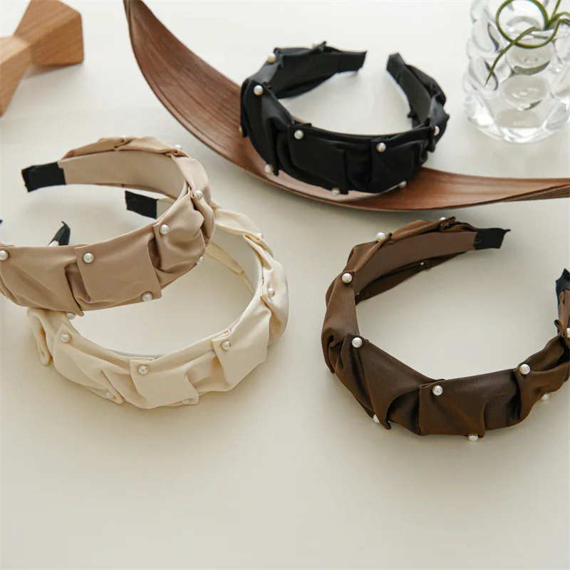 The new advanced sense of pleated bead wide band hair band women all-match fashion simple pressure hair headband