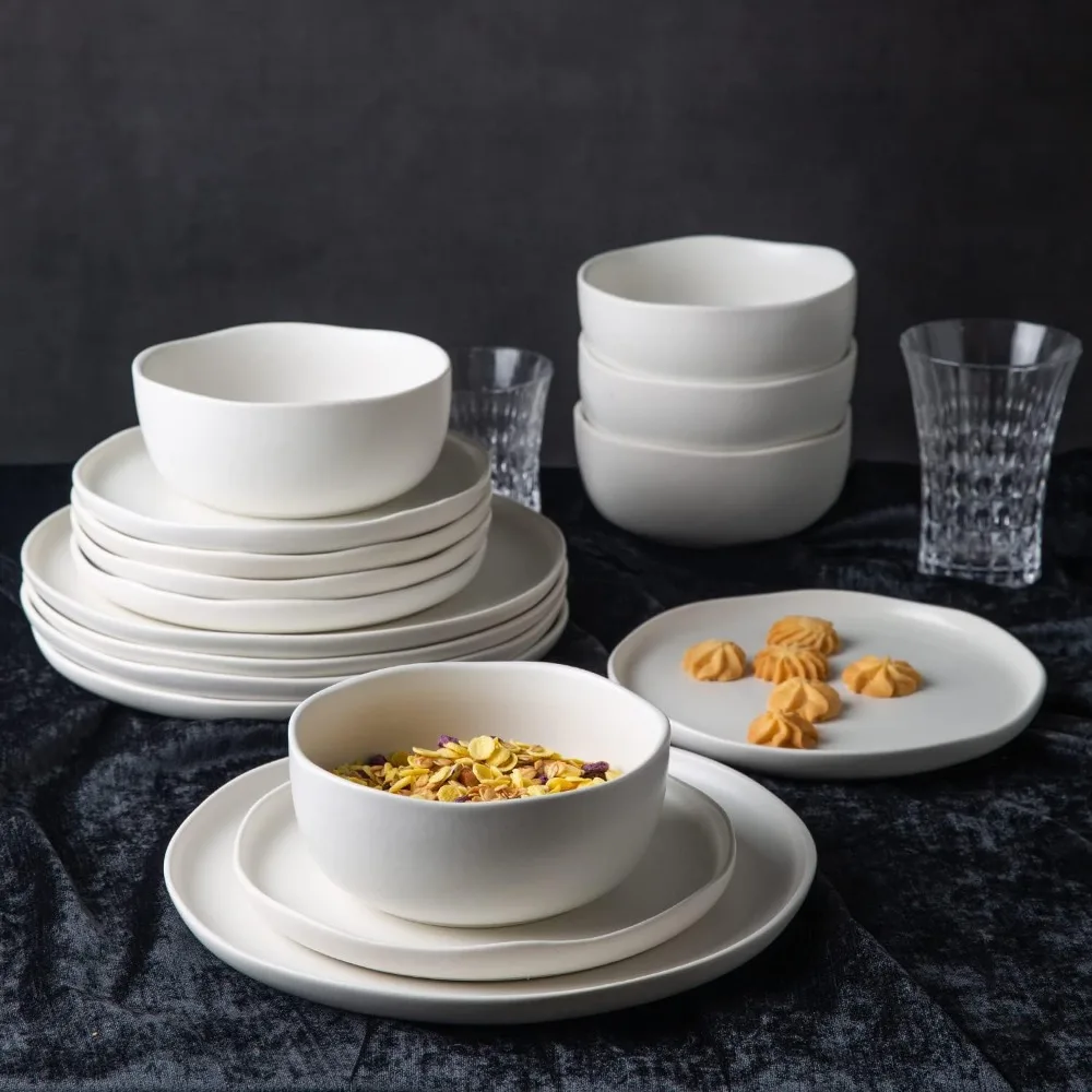 

Plate Sets, Ceramic Dinnerware Sets, Wavy Rim Stoneware Plates and Bowls Sets, Highly Chip and Crack Resistant ,Plate Sets.