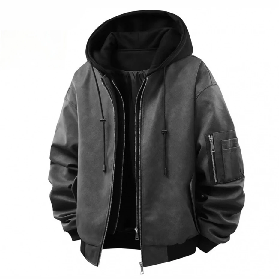 

Autumn Winter Thick PU Jacket Men Fashion Vintage Jacket Coat Male Hooded PU Coat