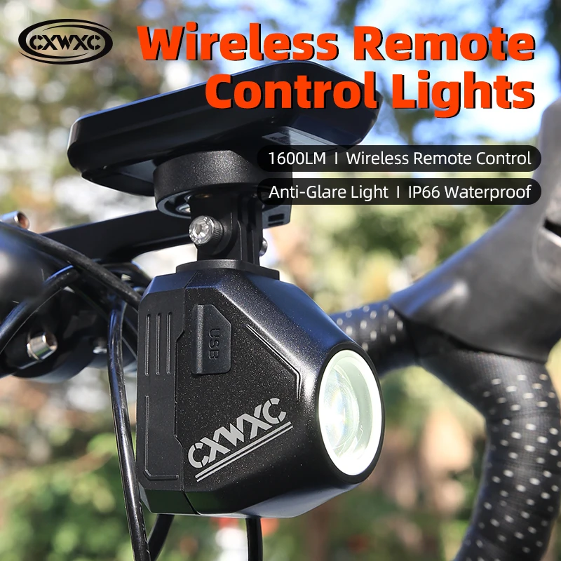 CXWXC Hoisting Bike Front Light 1600 Lumens Wireless Remote Control Bicycle HeadLight Anti-Glare Design IP66 Waterproof