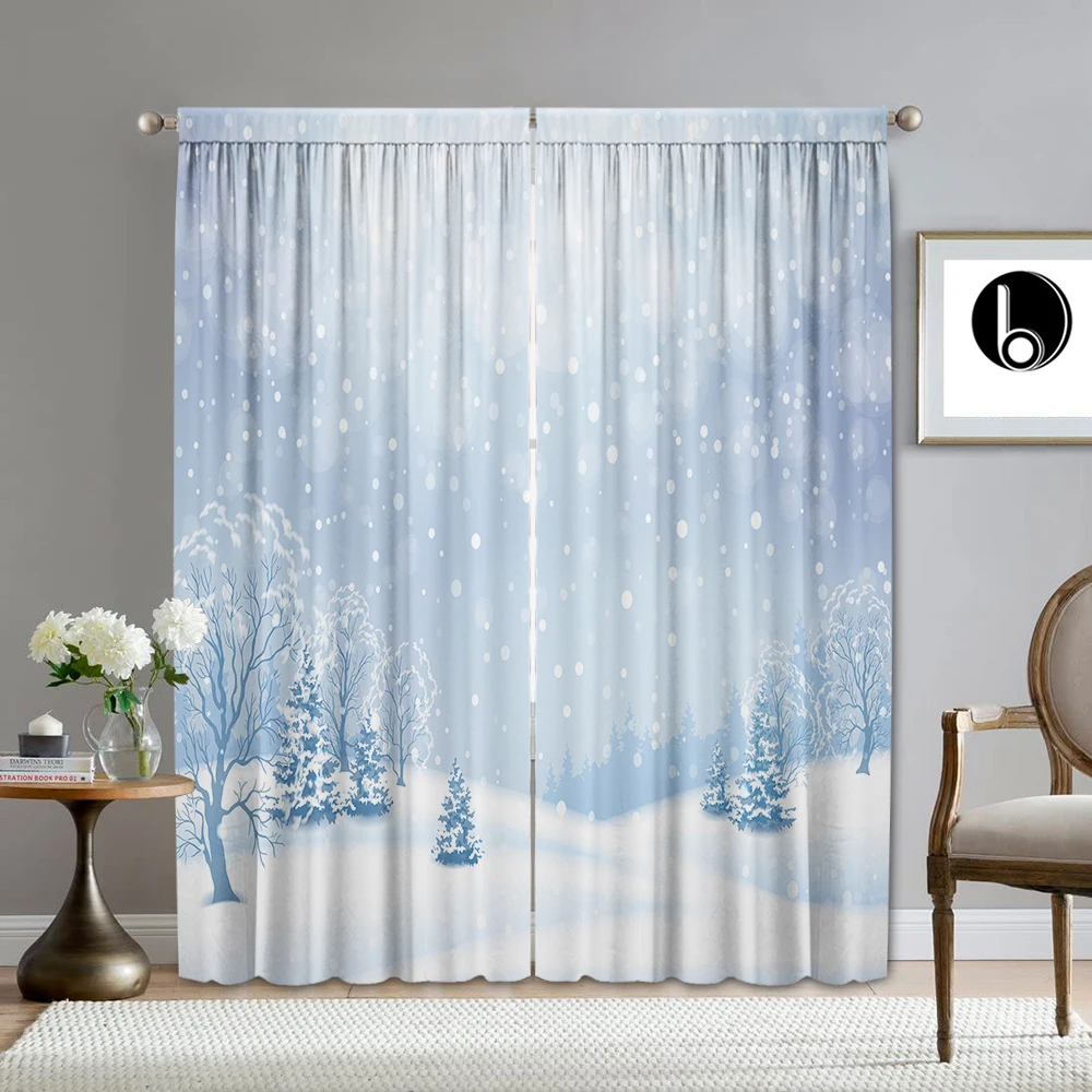 2PC Home Decoration Curtains, Starry Sky Night View, Beautiful Snow View With Pole Bag Curtains, Kitchen,Coffee Shop, Living