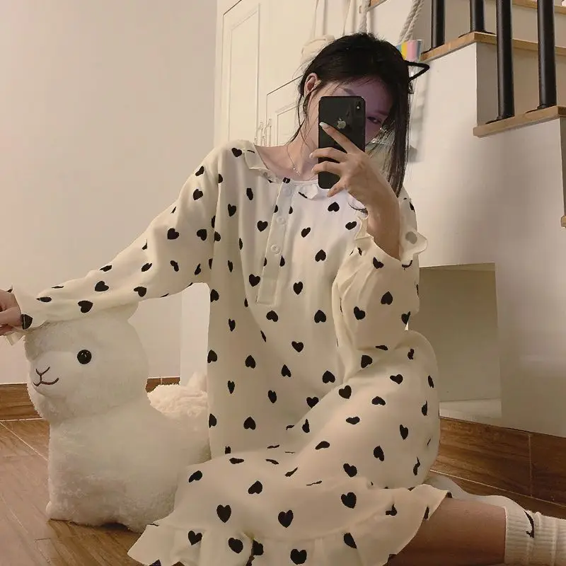 Korean Women Spring Autumn Pajamas Long Sleeve Sweet Pyjamas Round Collar Printed Nightgown Lacework Single Breasted Sleepwear