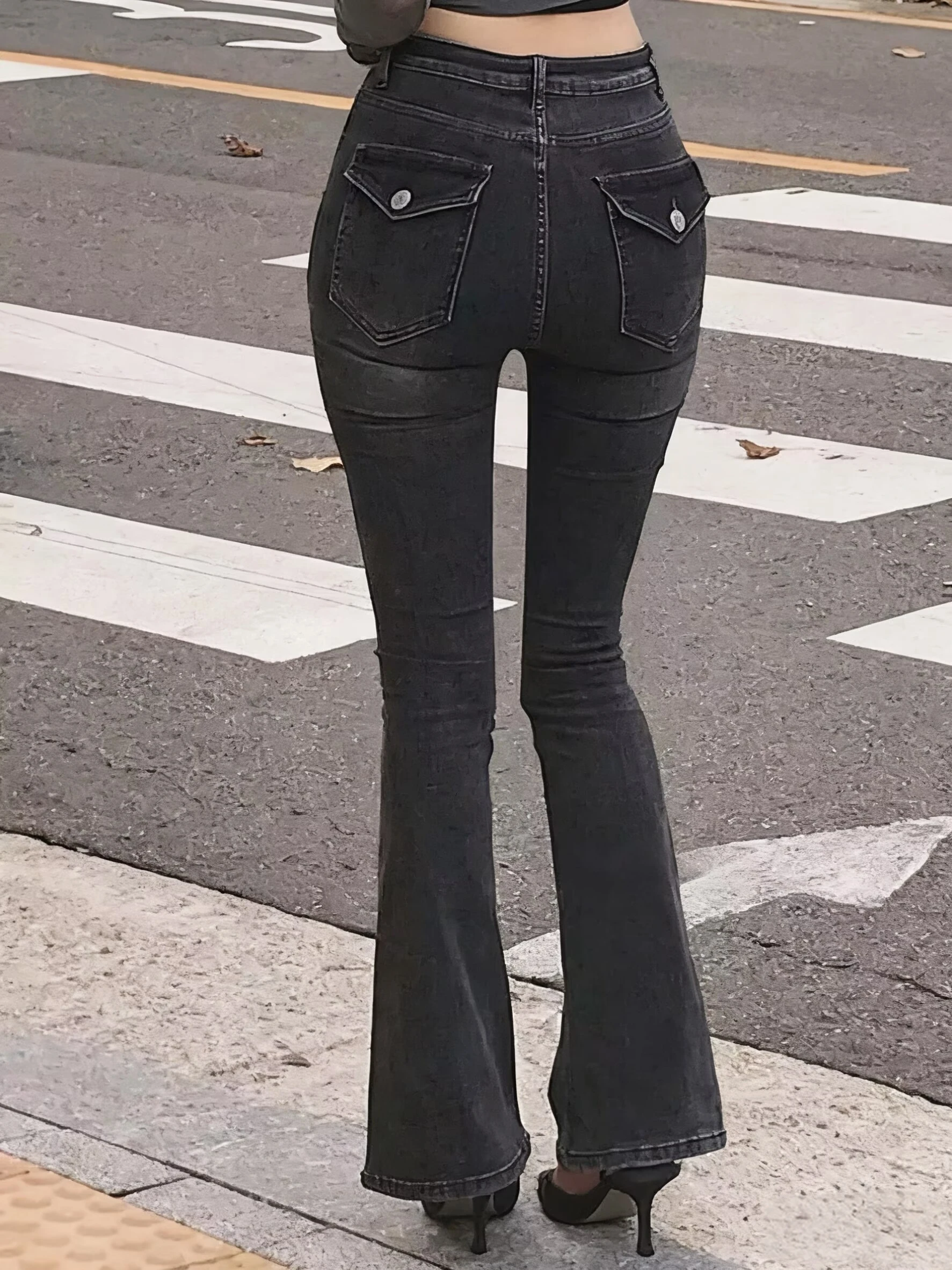 

High Waist Flared Jeans Women's Slim Fit Long Pants Bla Retro Sle Cotton Stretch Denim Pants Lengthening Legs Effect