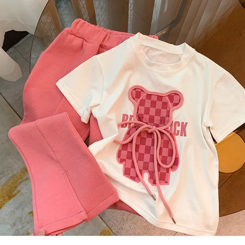 Set di vestiti per ragazze nuova maglietta con stampa di cartoni animati estivi pantaloni svasati bambini Baby Top manica corta Set di due pezzi