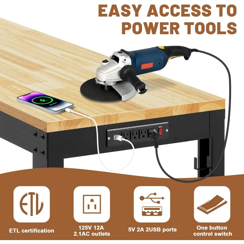 منضدة عمل شديدة التحمل قابلة للتعديل بسعة 1800 رطلاً، وطاولة عمل من الخشب الصلب، ومنافذ دوارة ومنافذ طاقة #3