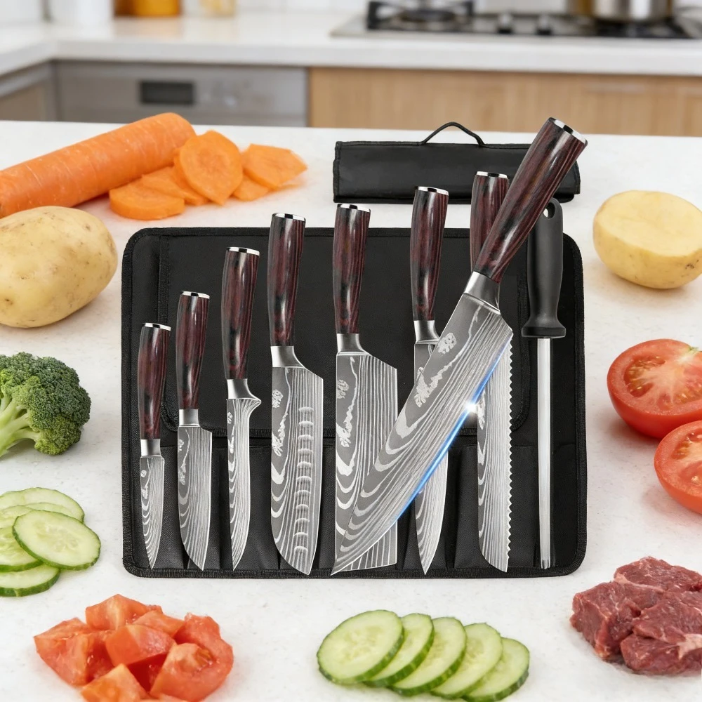 Set di 8 Coltelli Professionali da Chef in Acciaio al Carbonio con Motivo Laser, Manico Composito Rosso e Borsa in Nylon per Casa, Cucina e Ristorante