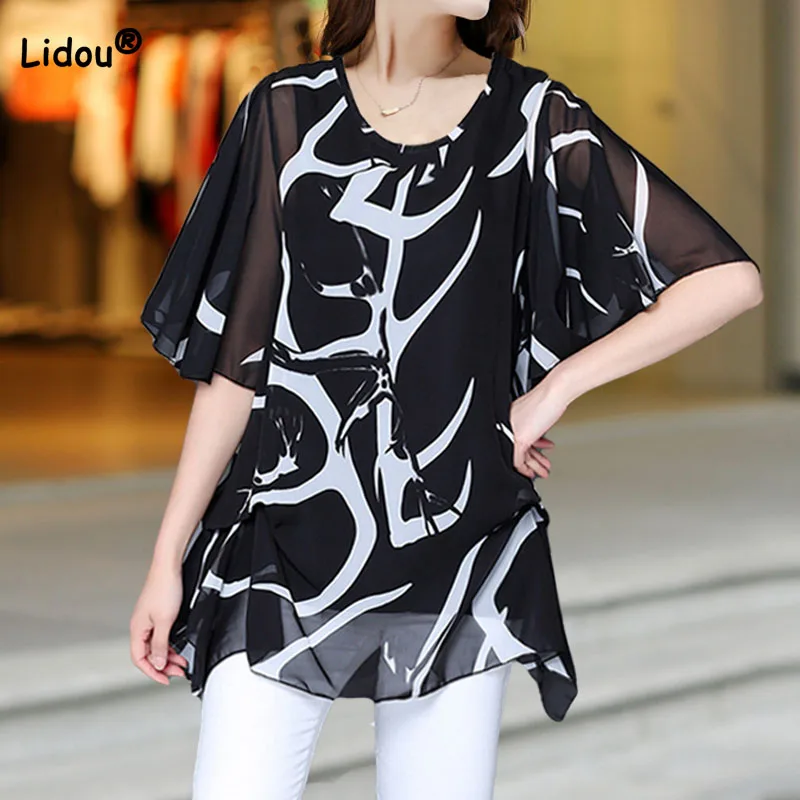 Loose Women\'s Clothing Casual Printed Short Sleeve Chiffon T-shirt 2023 Summer Fashion All-match Round Neck Thin Pullovers Tops