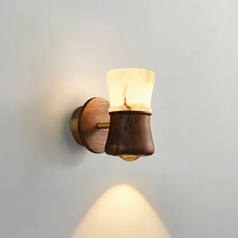 Vintage Walnut Wood Natural Marble LED Wall Lamp Luxury Modern Bedside Light for Bedroom Interior Decorative Sconce Fixture