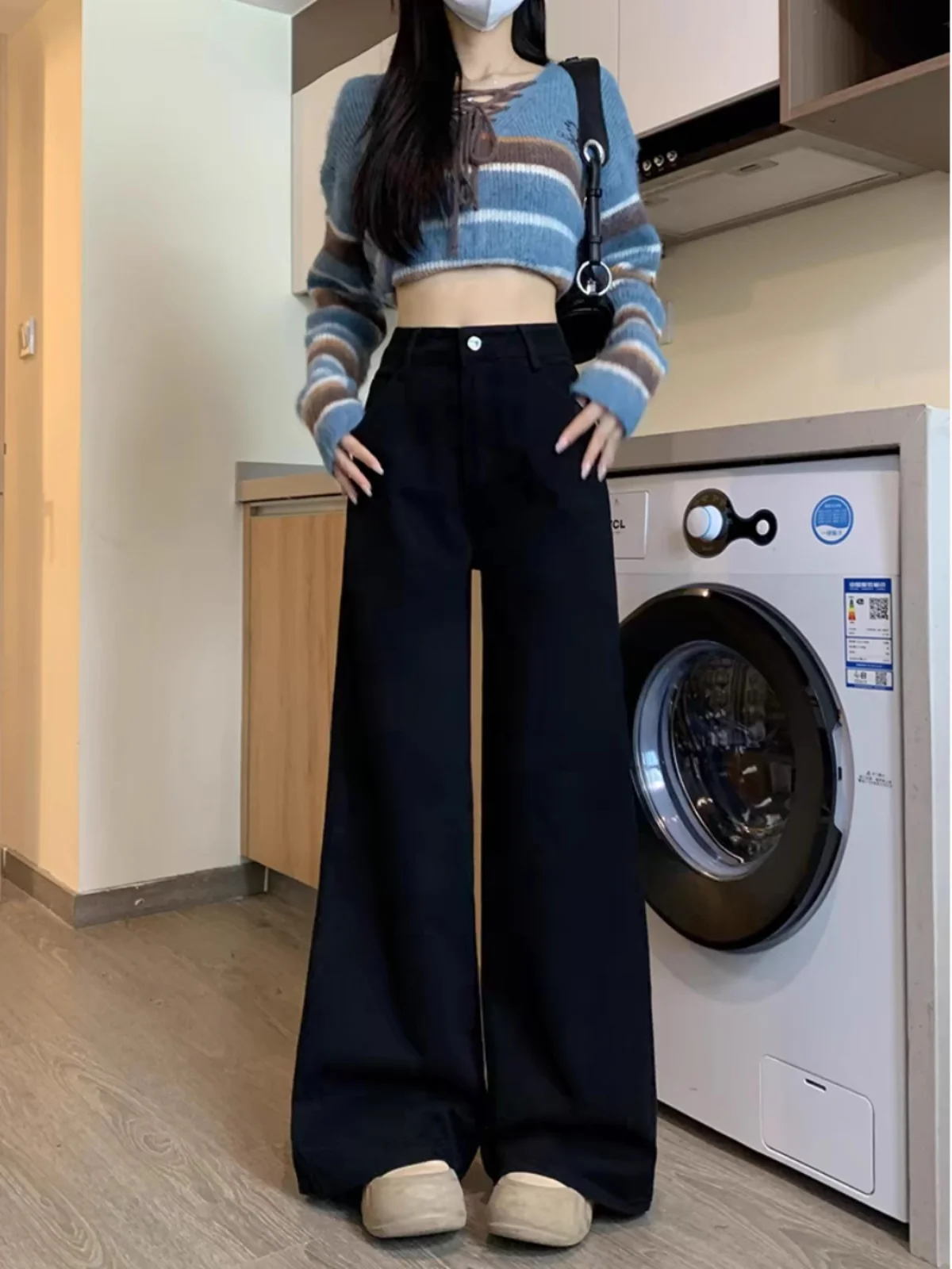 American High Street Loose Fit High Waist Wide Leg Denim Jeans Women's Small Size Black Slim Straight Floor-Length Pants