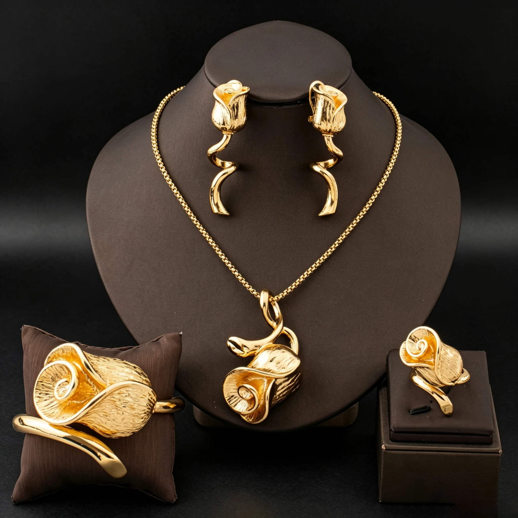 Golden Rose 4-teiliges Schmuckset, 18k vergoldete Halskette, Ohrringe, Armreif, Ring, Damen Braut Hochzeitsschmuck Accessoires Geschenke – Detail 4