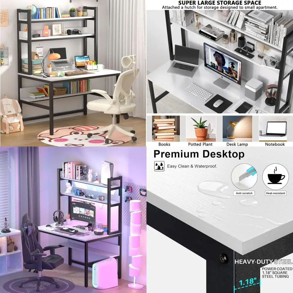 

White Aquzee Gaming Desk with Hutch and Bookshelf, 47W x 23.6D, Space-Saving Study Table for Bedroom