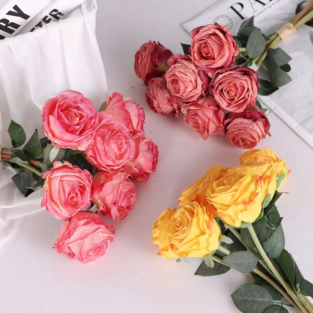 7pcs Plastic Artificial Roses Flowers Bouquet Focal Edge Exquisite Silk Roses Flowers Realistic Non-Fading Fake Flowers