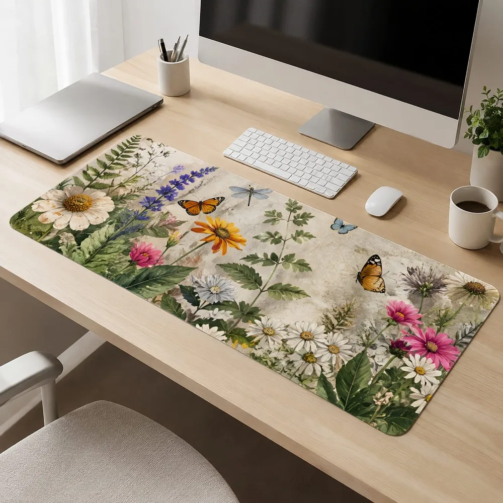 With anti-slip base, beige tablecloth, watercolor patterns of wild flowers, butterflies and plants computer game accessories