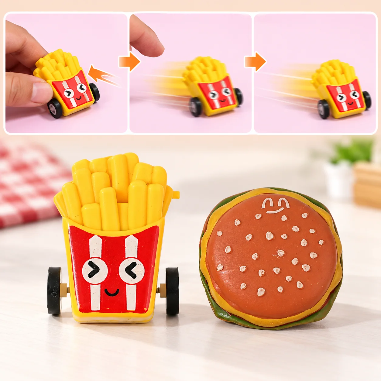 Mini Pull Back Toy Cars, French Fries and Burger Food-Shaped Plastic Vehicles for Desk Racing and Party Favors