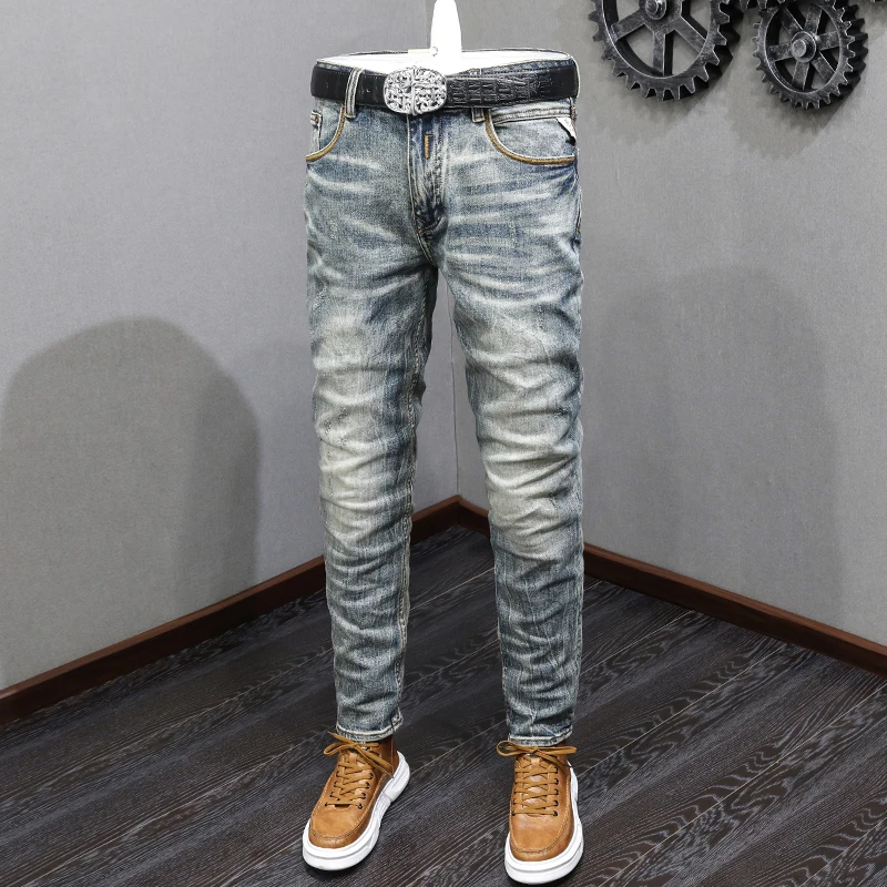 

Fashion Designer Men Jeans High Quality Retro Washed Blue Stretch Slim Fit Ripped Jeans Men Vintage Denim Pants Trendy Trousers