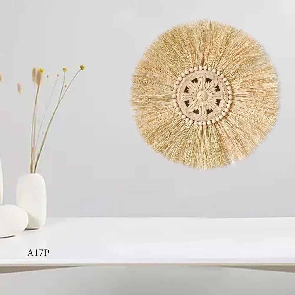 

AP-Boho Handmade Woven Straw Wall Decor Moroccan Wood Beads Wall Hanging Ornament Round Home Decoration For Living Room