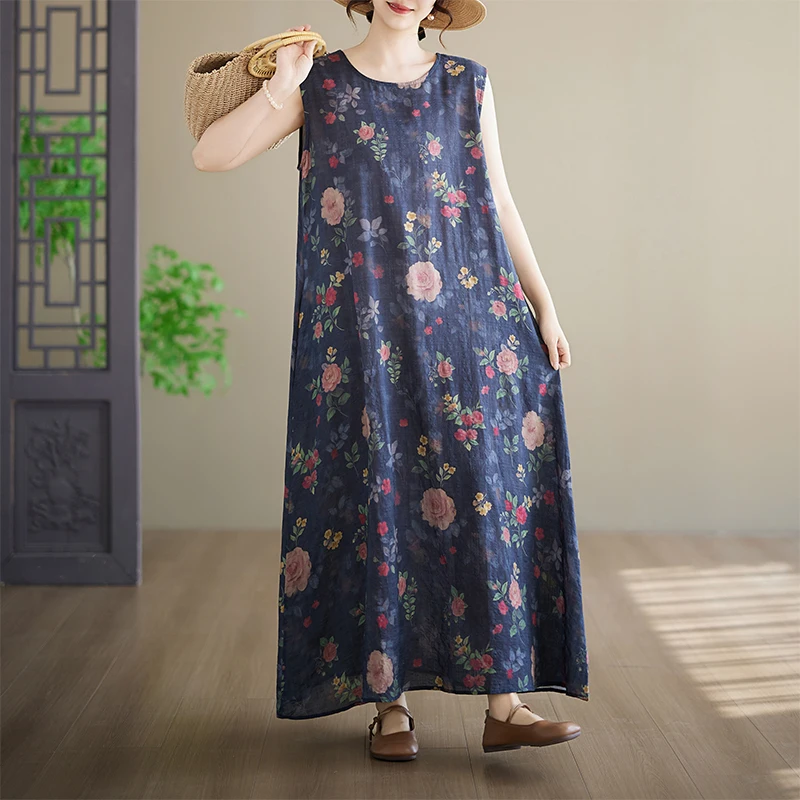 

plus Size round Neck Sleeveless Cotton Print Summer Dress Ethnic Style Loose Fit Long A-Line Dress for Women Travel Friendly