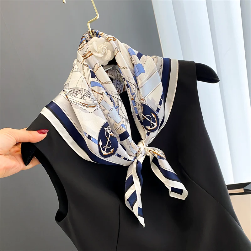 Print 100% Silk Square Scarf Women Hendband Luxury Brand High Quality Hijab Shawl Design Wrap Foulard 2024 Hand Wirst Bandana