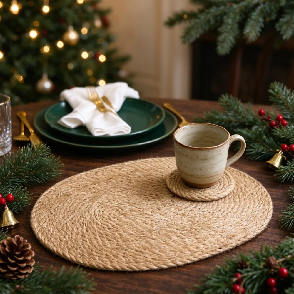 Jute Braided Oval Placemat And Coaster Set Handmade Weaving Linen Grass Dinner Table Mat Anti-scorch Plate Mat 1/2/4 Sets Option