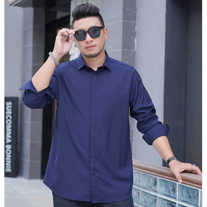 Men's Plus Size Stretch Long Sleeve Shirt 150KG Loose Smart Casual Dress Shirts Office Formal Elastic Business Work Male Blouse