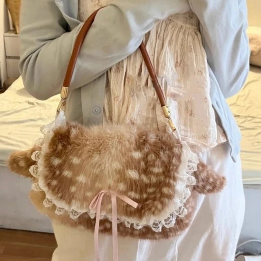 Winter Retro Plush Cute Deer Spotted Fur Storage Bags Versatile Bow Lace Handbag Armpit Bag Y2K Harajuku Decorative Accessories