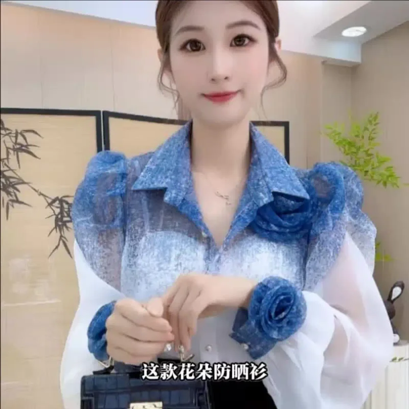 Camisa de cor gradiente feminina verão francês moda novo topo design exclusivo roupas de proteção solar blusa feminina topos