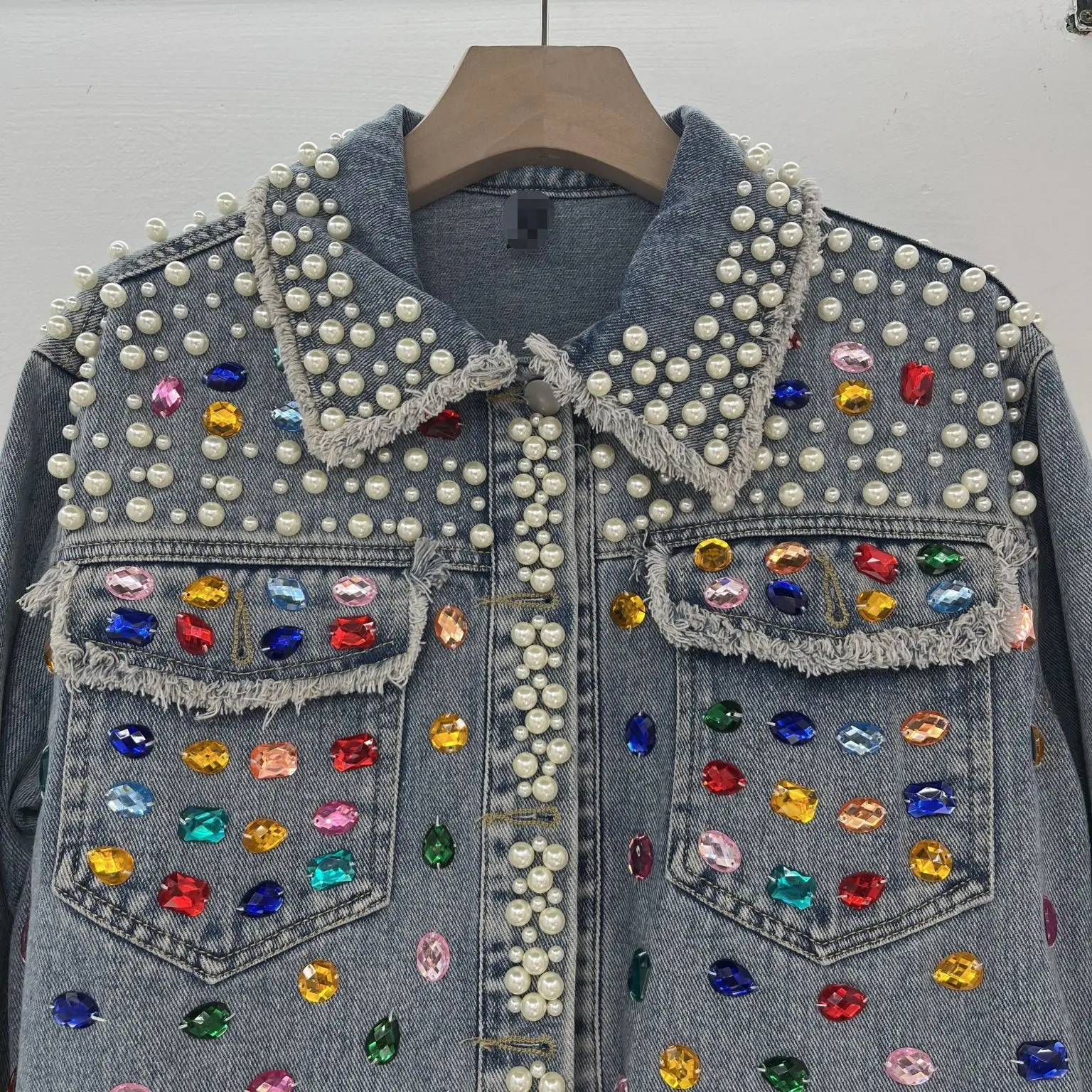 Women Denim Coats Turn Down Collar Jackets Pearls Beaded Frayed Full Sleeve Vintage Y2k Streetwear Casual Jacket 2026 Spring - Detail 1