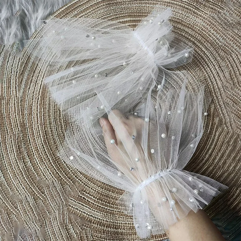 

Elegant Wedding Wrist Cuffs Short Tulle Ruffle Gloves Pearl Sheer Decorative Mesh Hand Sleeves Bride Dress Accessories