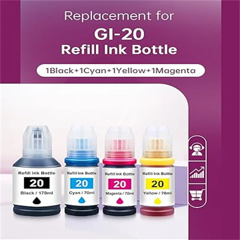 Refill Ink Bottle GI20 Compatible with G5020 G6020 G7020 MegaTank Printer GI-20 Black and Color Replacement for GI20 Ink Refill