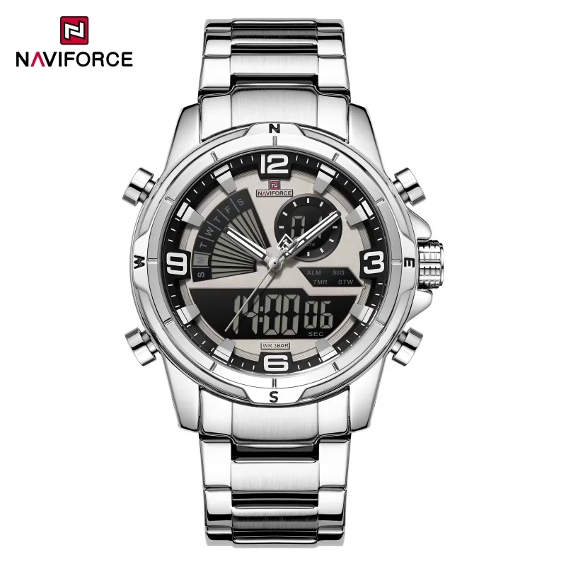 

NAVIFORCE Watches male Stainless Steel Watchband LED luminous 3ATM waterproof Men's Watch Multifunctional Double-Display Watch