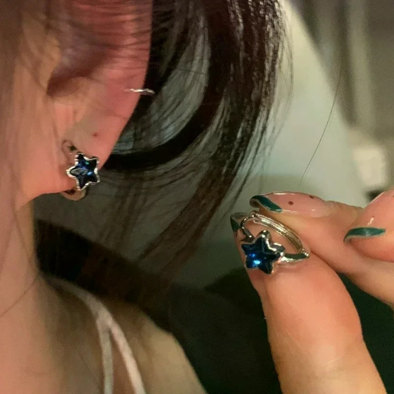 1pair Y2K Trendy Cute Sweet Blue Star Hoop Earrings For Women Girls Simple New Fashion Vintage Earrings Aesthetic Jewelry Gift